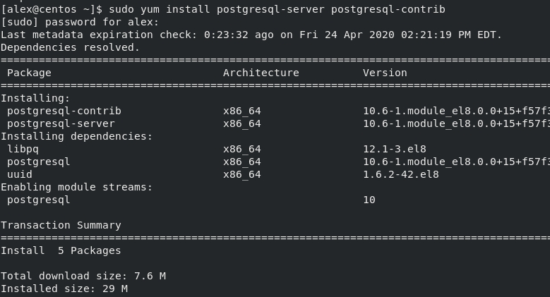 Установка PostgreSQL из репозитория CentOS
