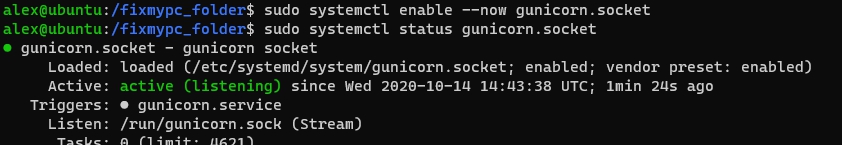 Включение и проверка работы сокета gunicorn на Ubuntu 20