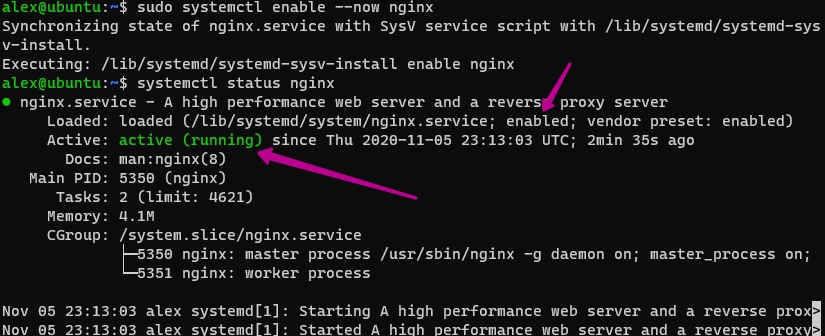 Проверка статуса сервиса Nginx на Ubuntu