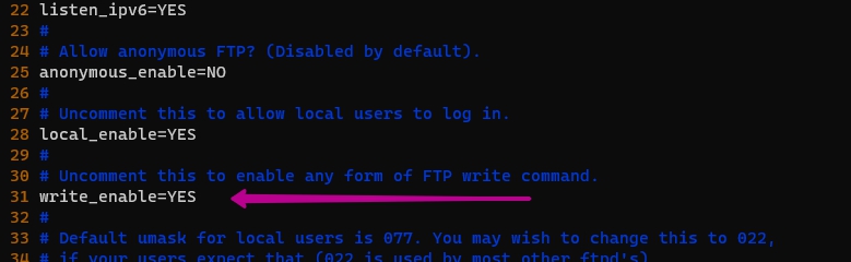 Добавление права на запись в FTP сервере vsftpd Ubuntu 20