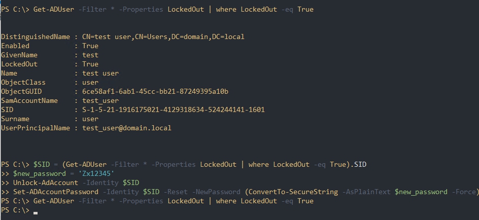 Снятие блокировки пользователя AD и установка пароля с Powershell